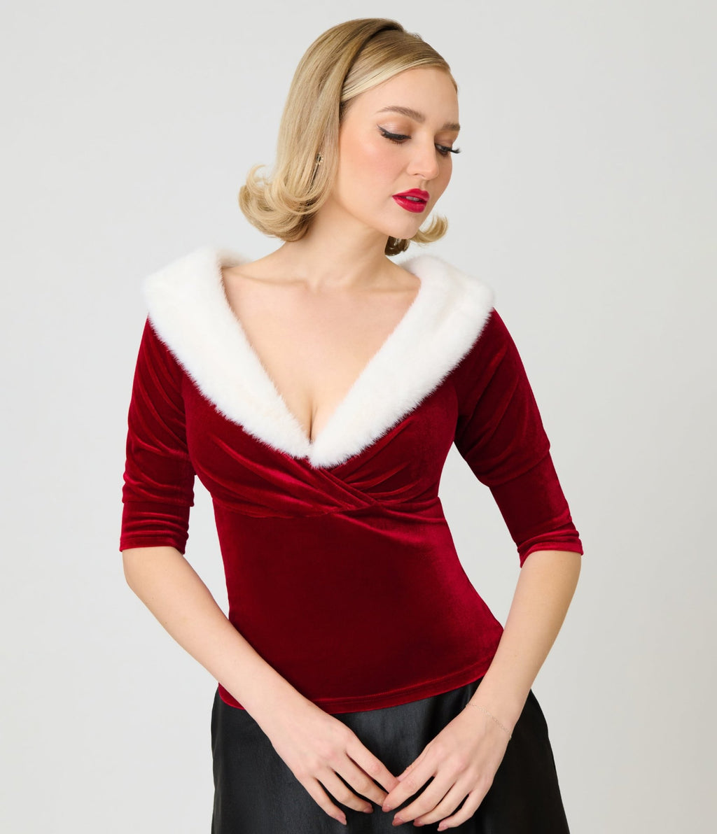 Unique Vintage Red & White Faux Fur Off the Shoulder Top - Unique Vintage - Tops