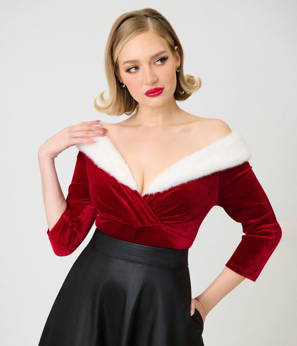 Unique Vintage Red & White Faux Fur Off the Shoulder Top - Unique Vintage - Tops