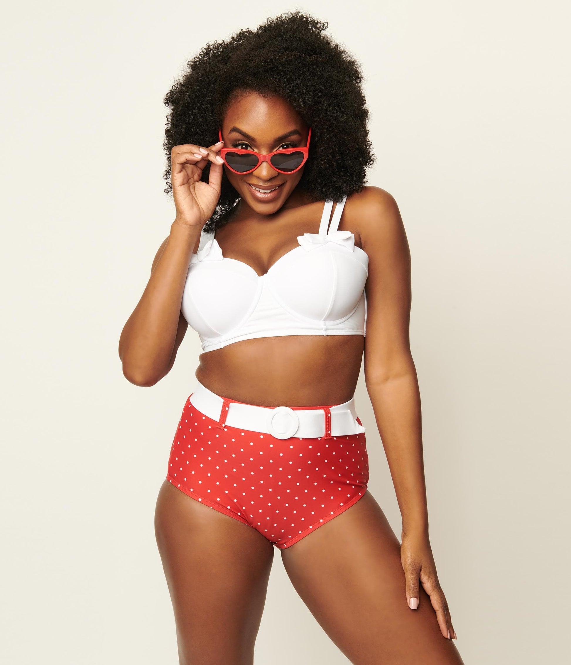 Unique Vintage Red & White Pin Dot Belted Redondo Swim Bottoms - Unique Vintage - Womens, SWIM, BOTTOM