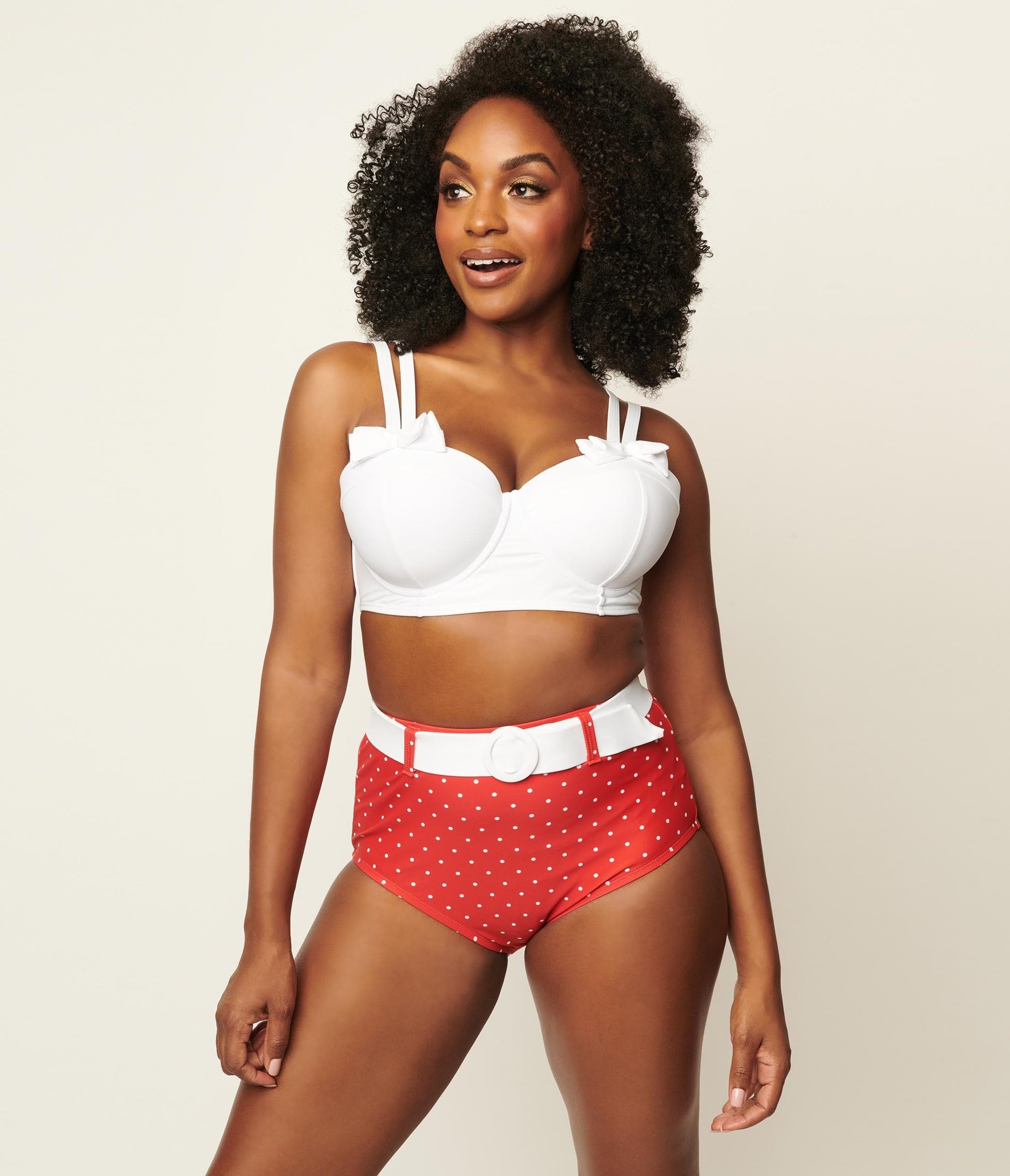 Unique Vintage Red & White Pin Dot Belted Redondo Swim Bottoms - Unique Vintage - Womens, SWIM, BOTTOM