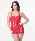 Unique Vintage Red & White Polka Dot Mansfield Halter One Piece Swimsuit - Unique Vintage - Womens, SWIM, 1 PC