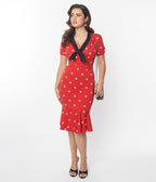 Unique Vintage Red & White Polka Dot Neck Tie Wiggle Dress - Unique Vintage - Womens, DRESSES, WIGGLE