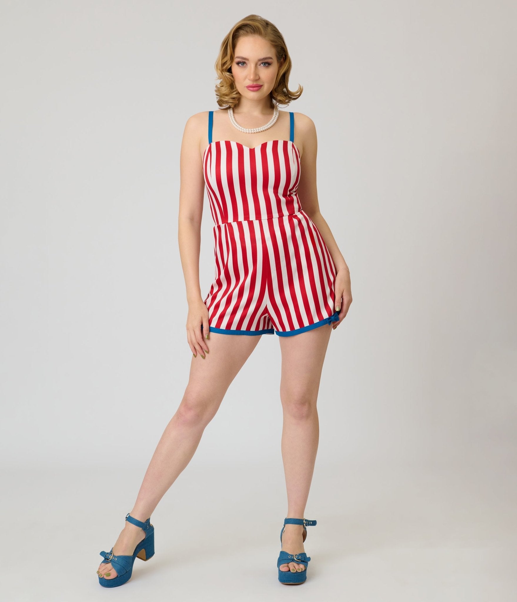 Unique Vintage Red & White Stripe Ossining Romper - Unique Vintage - Womens, BOTTOMS, ROMPERS AND JUMPSUITS