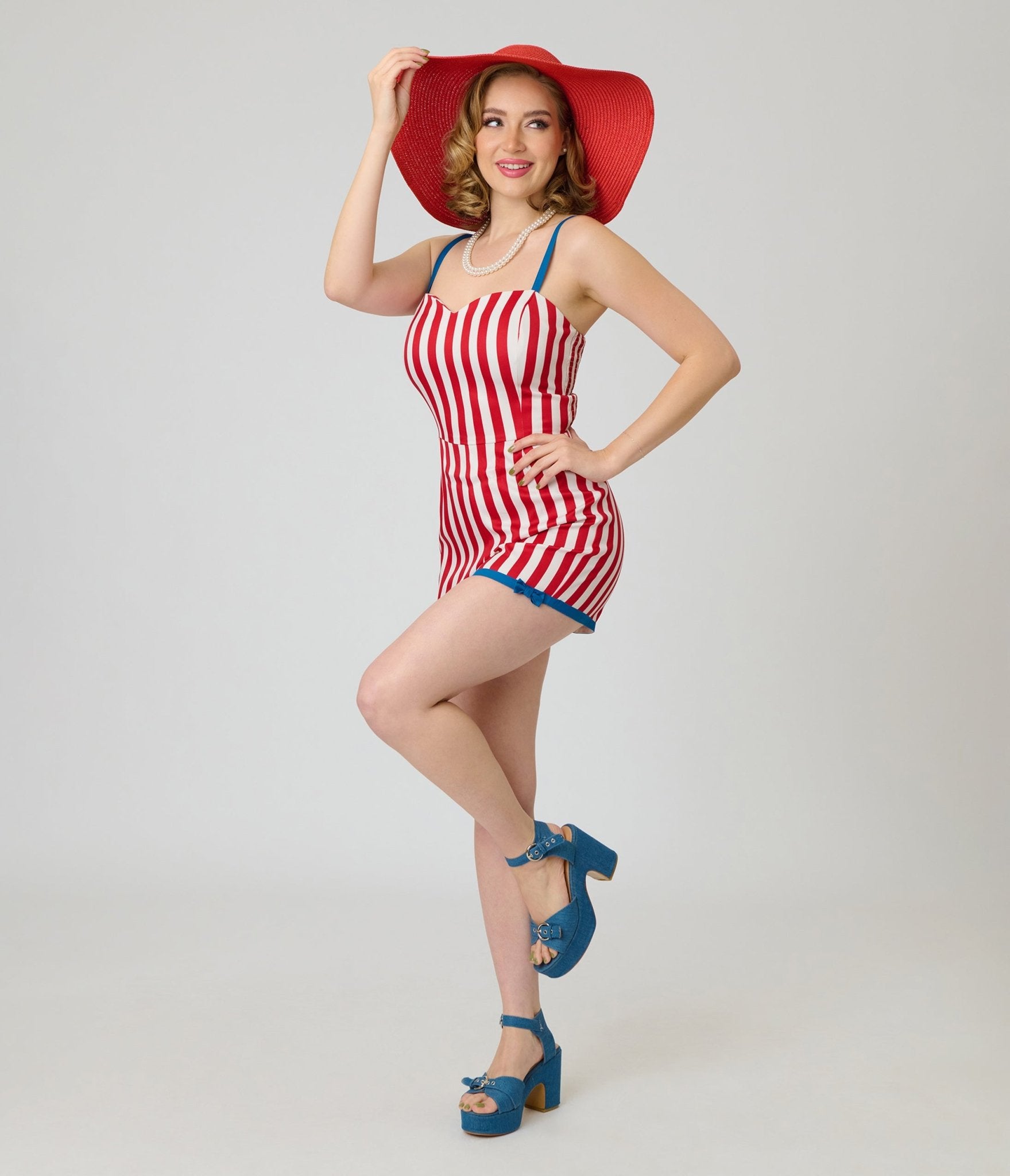 Unique Vintage Red & White Stripe Ossining Romper - Unique Vintage - Womens, BOTTOMS, ROMPERS AND JUMPSUITS