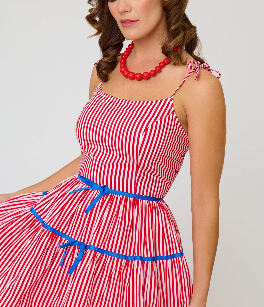 Unique Vintage Red & White Striped Tiered Swing Dress XL/14-16