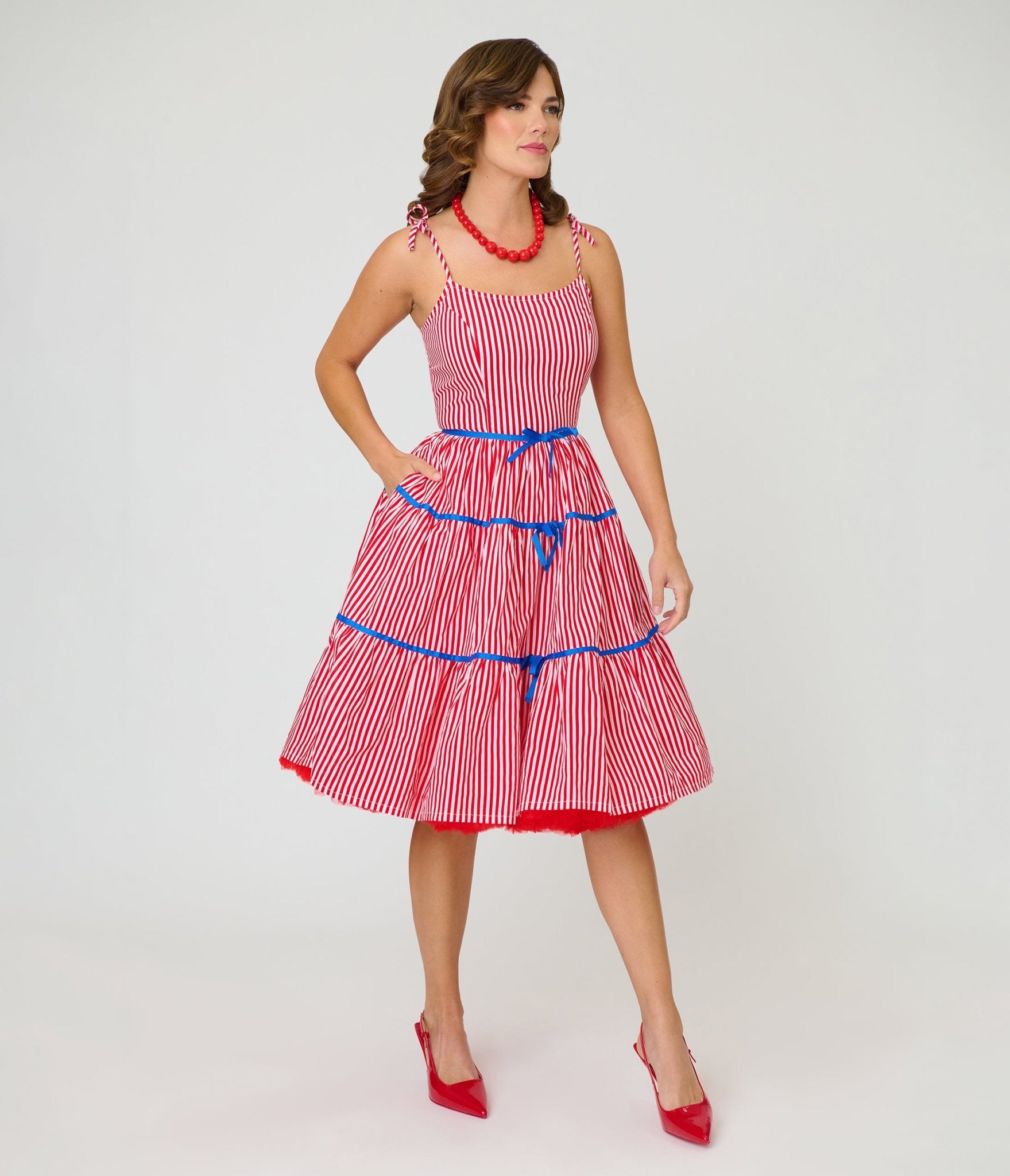 red and white striped dress Unique Vintage Red & White Striped Tiered Swing Dress