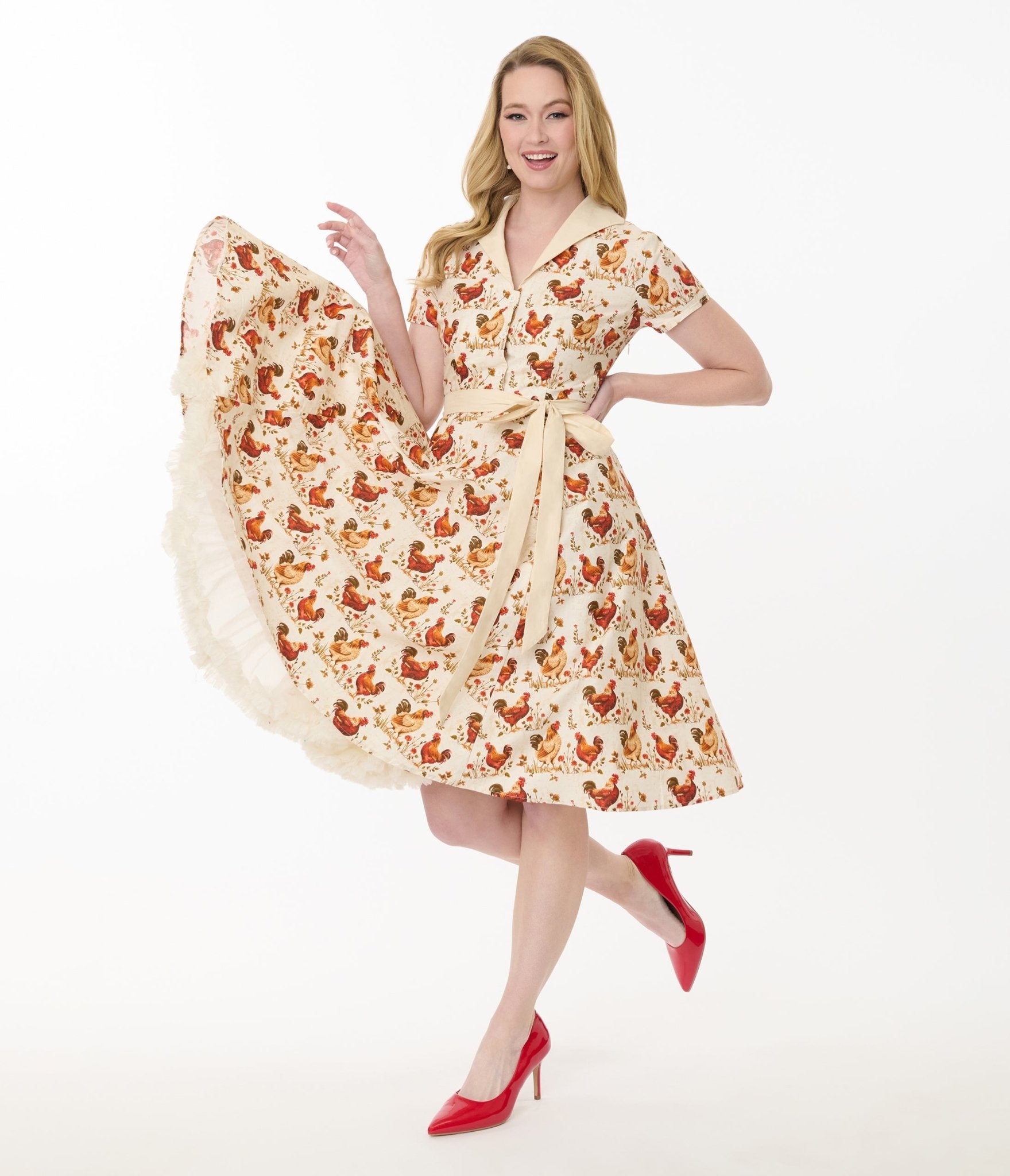 Unique Vintage Rooster Print Cotton Shirt Dress - Unique Vintage - Womens, DRESSES, SWING