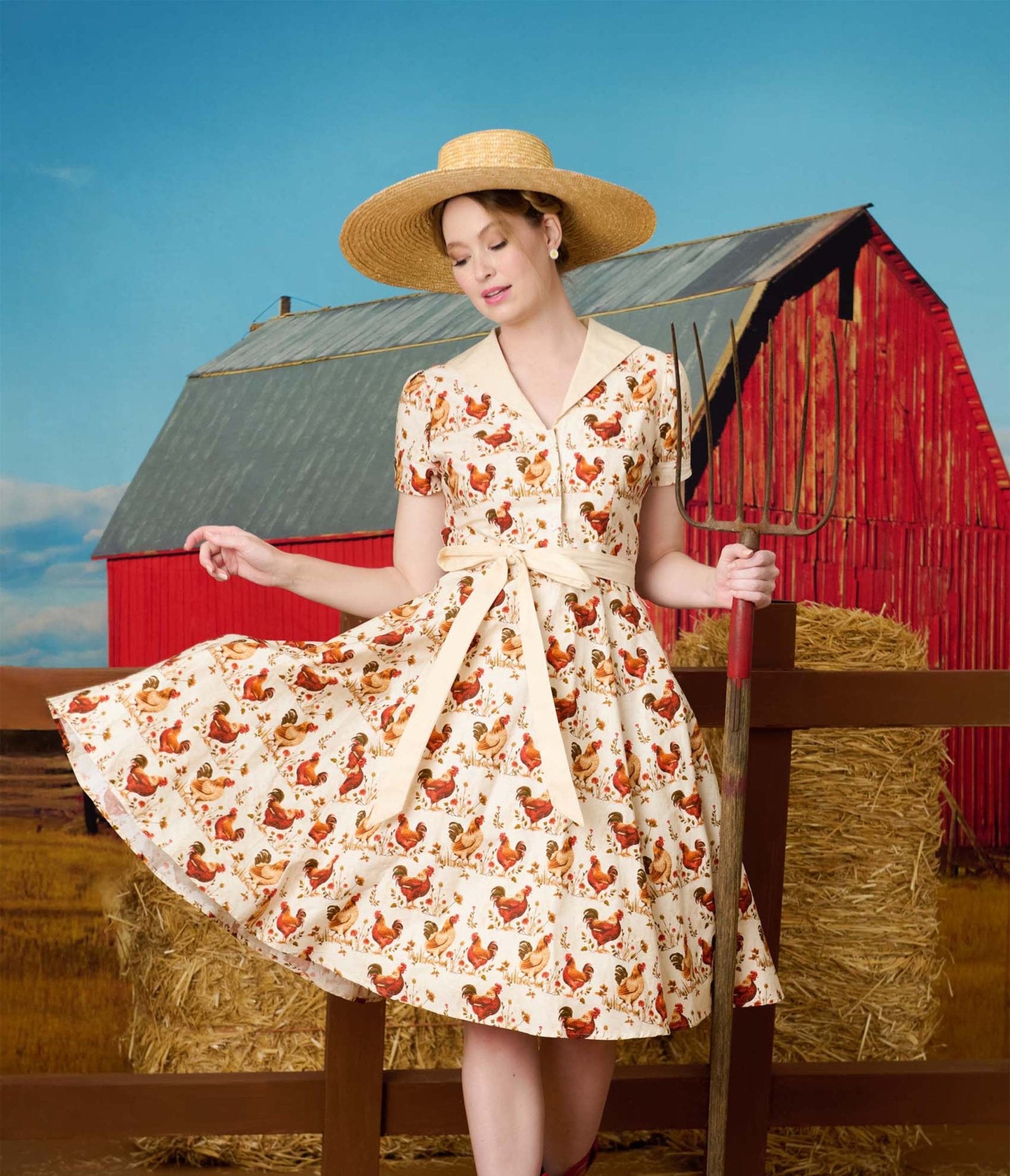 Unique Vintage Rooster Print Cotton Shirt Dress - Unique Vintage - Womens, DRESSES, SWING
