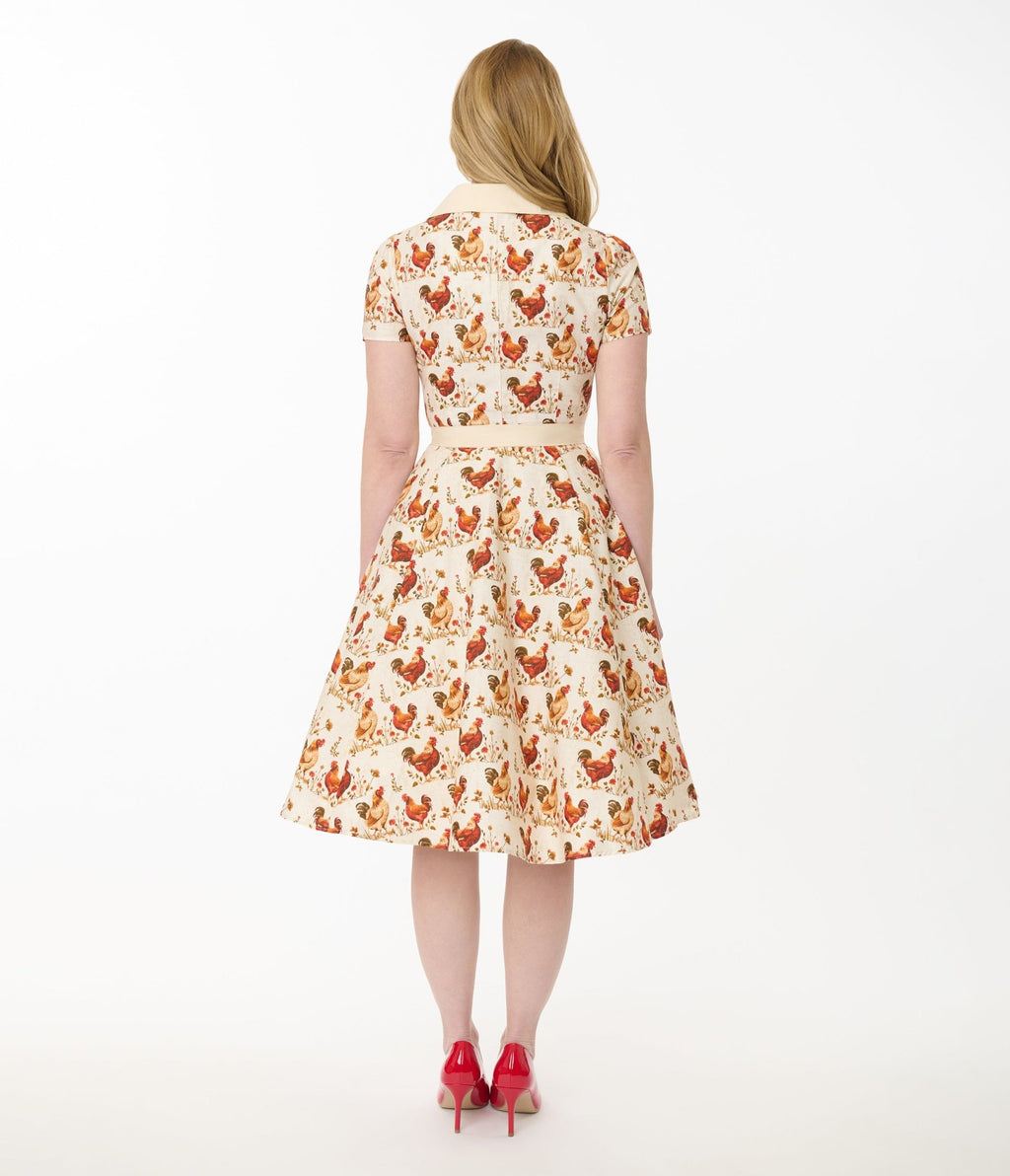Unique Vintage Rooster Print Cotton Shirt Dress - Unique Vintage - Womens, DRESSES, SWING