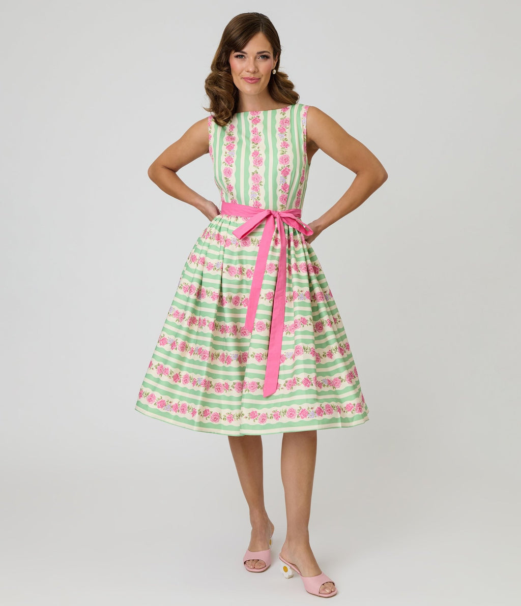 Unique Vintage Rose Stripe Swing Dress - Unique Vintage - Womens, DRESSES, SWING