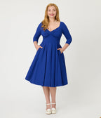 Unique Vintage Royal Blue Bengaline Front Twist Swing Dress - Unique Vintage - Womens, DRESSES, SWING