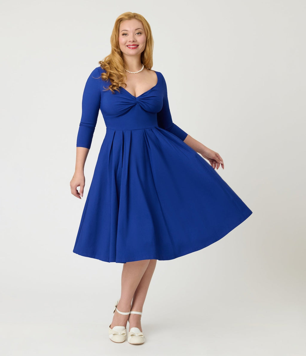 Unique Vintage Royal Blue Bengaline Front Twist Swing Dress L/12-14 Unique Vintage Royal Blue Bengaline Front Twist Swing Dress L/12-14