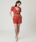 Unique Vintage Rust Red & Daisy Cotton Romper - Unique Vintage - Womens, BOTTOMS, ROMPERS AND JUMPSUITS