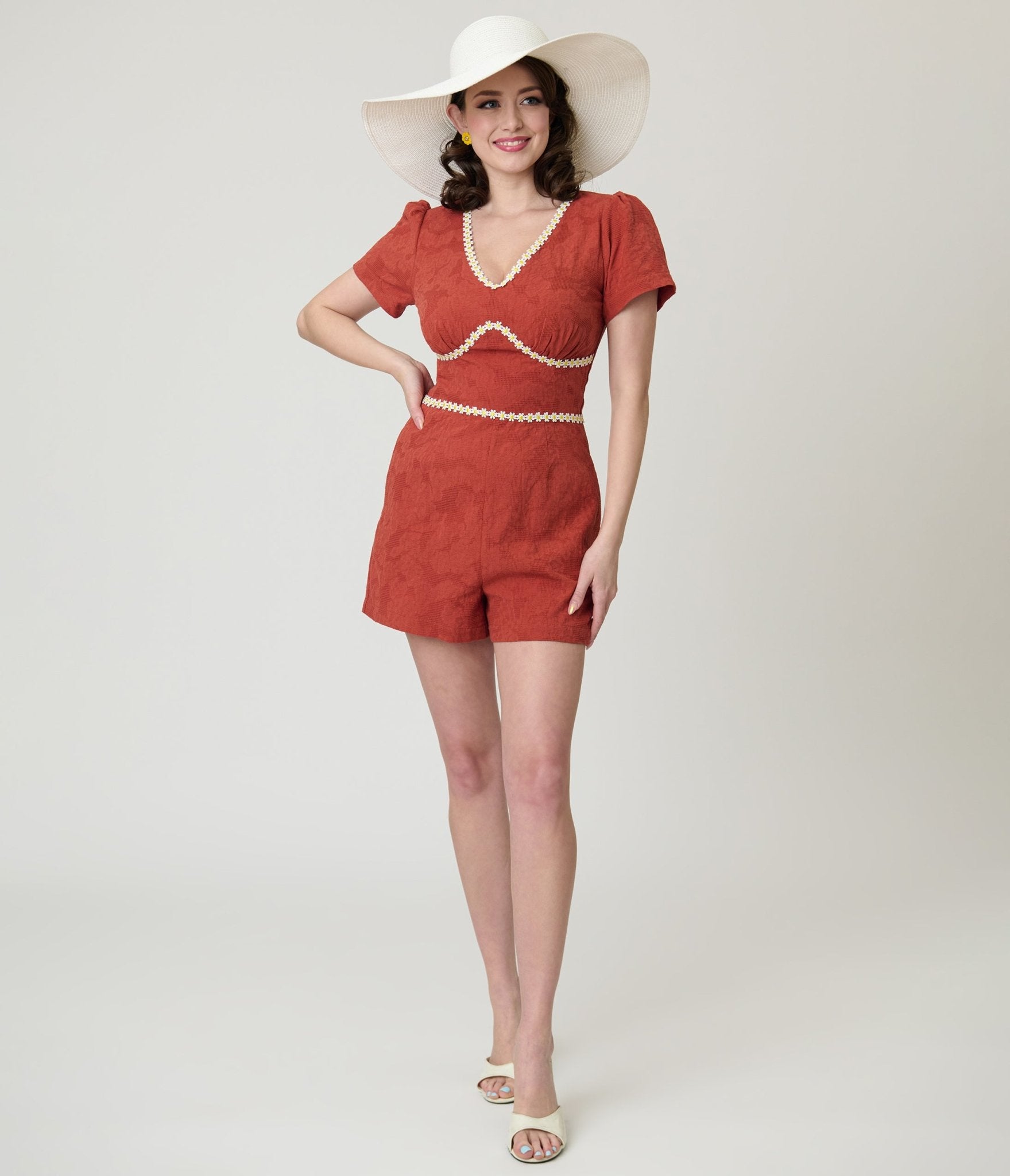 Unique Vintage Rust Red & Daisy Cotton Romper - Unique Vintage - Womens, BOTTOMS, ROMPERS AND JUMPSUITS