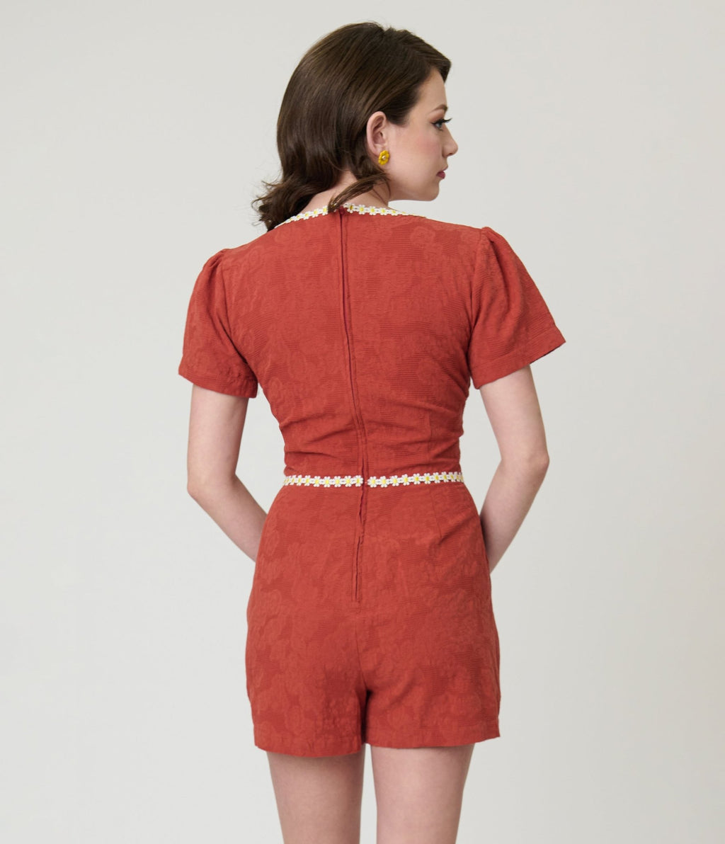 Unique Vintage Rust Red & Daisy Cotton Romper - Unique Vintage - Womens, BOTTOMS, ROMPERS AND JUMPSUITS