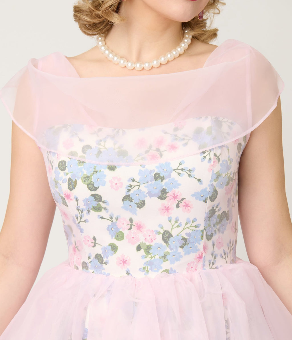 Unique Vintage Sheer Pink Chiffon & Rose Modern Art Swing Dress - Unique Vintage - Womens, DRESSES, SWING