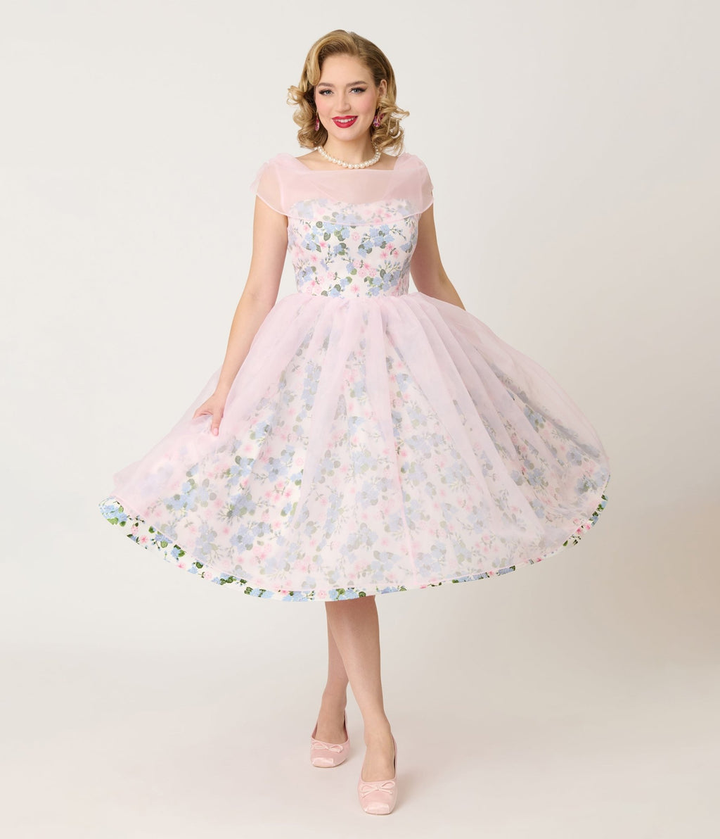 Unique Vintage Sheer Pink Chiffon & Rose Modern Art Swing Dress - Unique Vintage - Womens, DRESSES, SWING