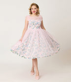 Unique Vintage Sheer Pink Chiffon & Rose Modern Art Swing Dress - Unique Vintage - Womens, DRESSES, SWING