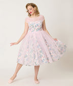 Unique Vintage Sheer Pink Chiffon & Rose Modern Art Swing Dress - Unique Vintage - Womens, DRESSES, SWING