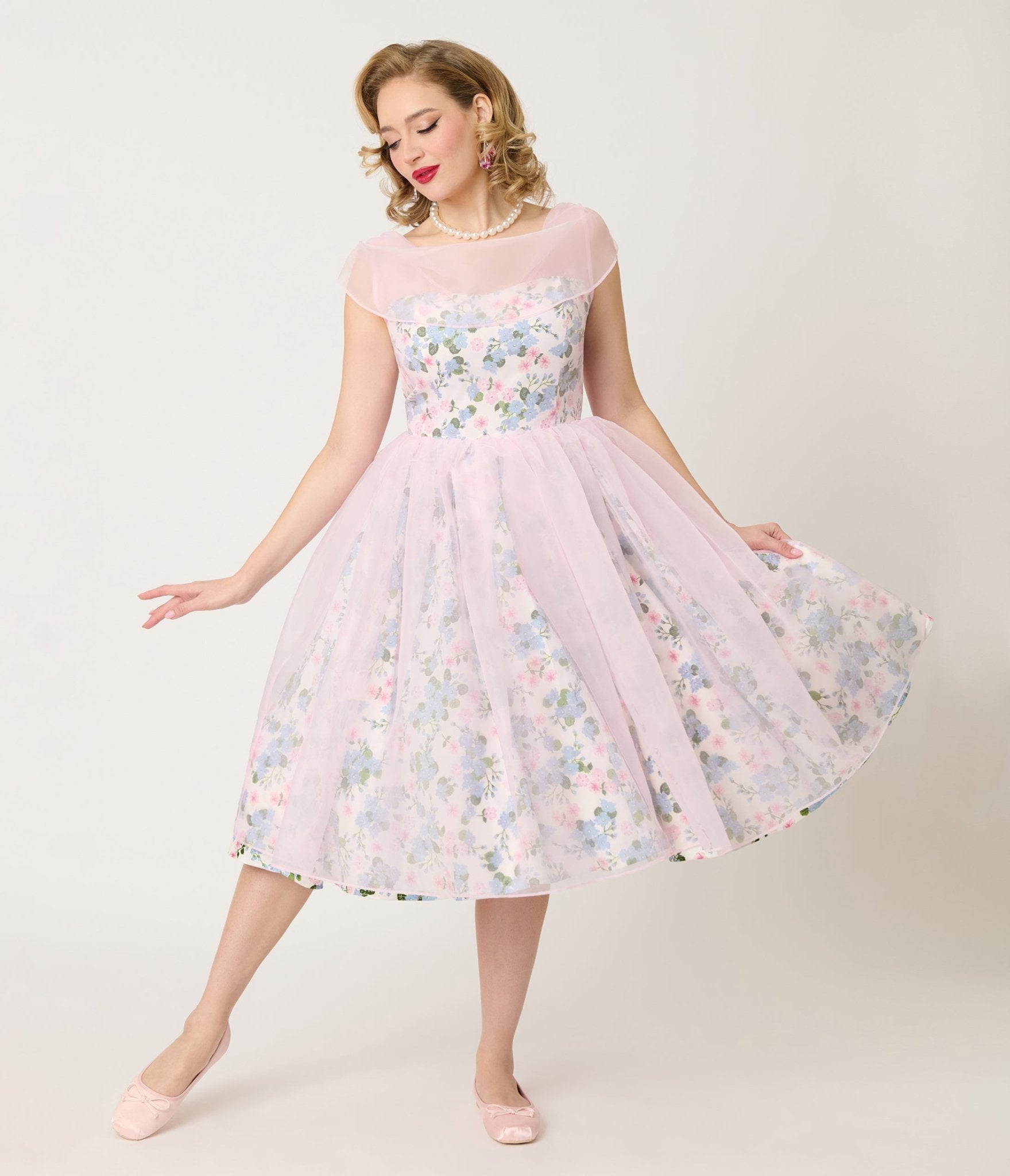 Unique Vintage Sheer Pink Chiffon & Rose Modern Art Swing Dress