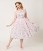 Unique Vintage Sheer Pink Chiffon & Rose Modern Art Swing Dress