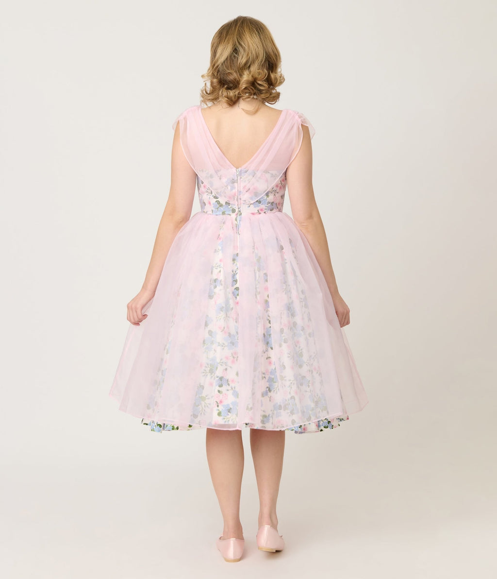 Unique Vintage Sheer Pink Chiffon & Rose Modern Art Swing Dress - Unique Vintage - Womens, DRESSES, SWING