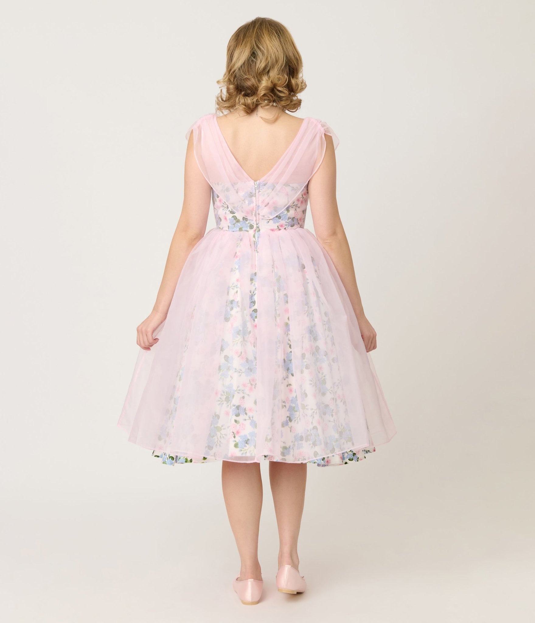 Unique Vintage Sheer Pink Chiffon & Rose Modern Art Swing Dress - Unique Vintage - Womens, DRESSES, SWING