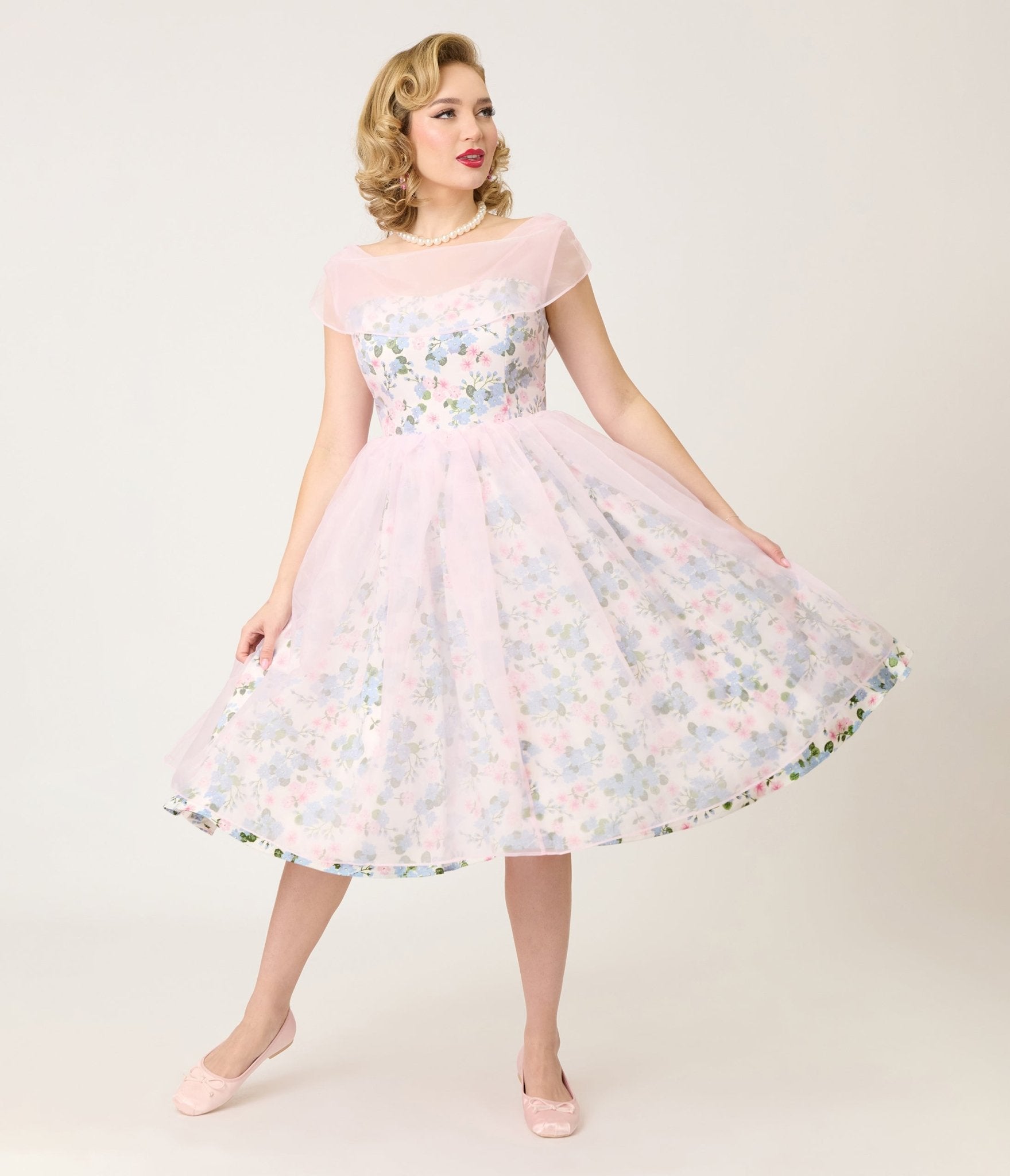 Unique Vintage Sheer Pink Chiffon & Rose Modern Art Swing Dress Unique Vintage Sheer Pink Chiffon & Rose Modern Art Swing Dress