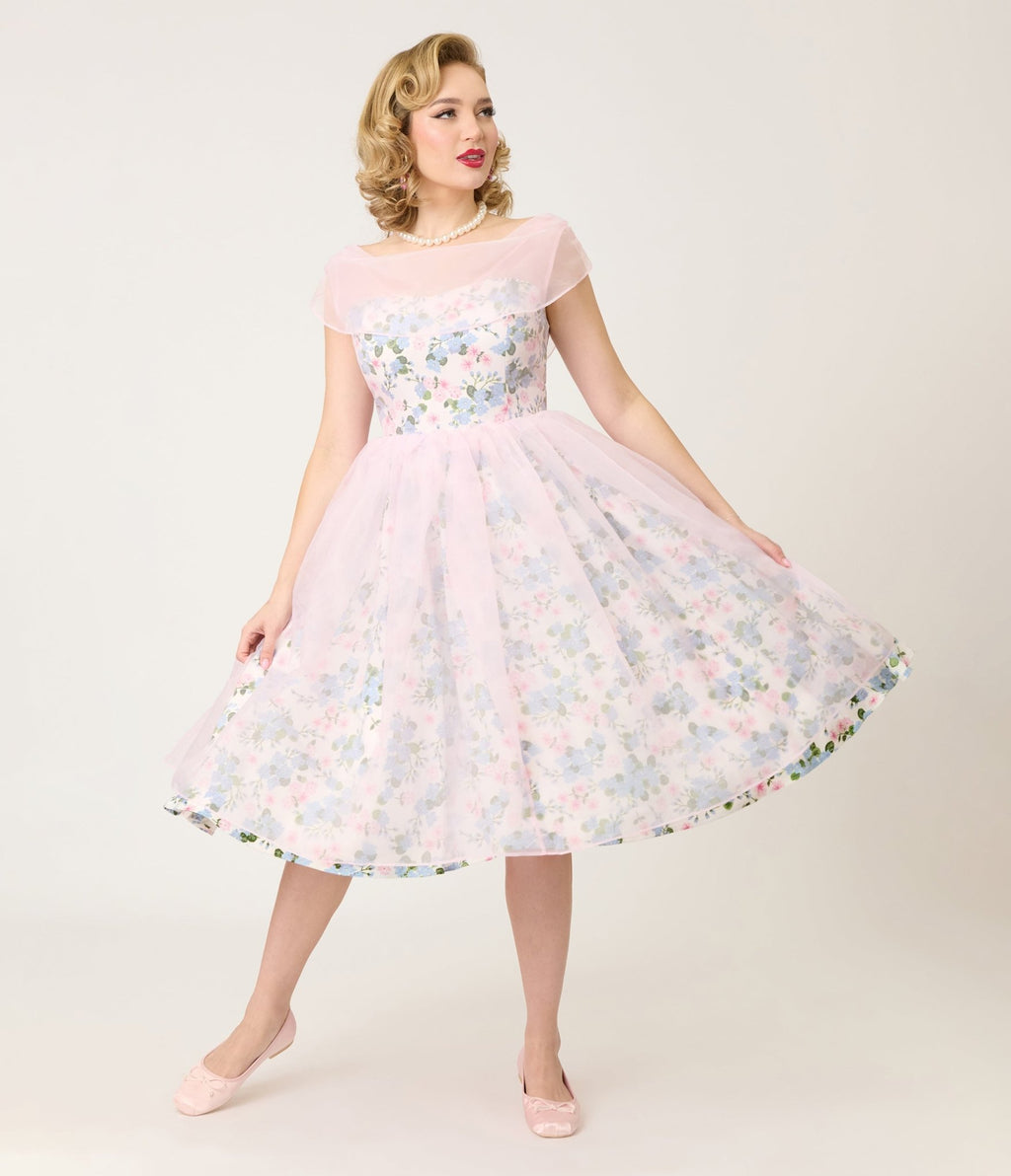 Unique Vintage Sheer Pink Chiffon & Rose Modern Art Swing Dress - Unique Vintage - Womens, DRESSES, SWING