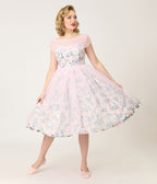 Unique Vintage Sheer Pink Chiffon & Rose Modern Art Swing Dress - Unique Vintage - Womens, DRESSES, SWING