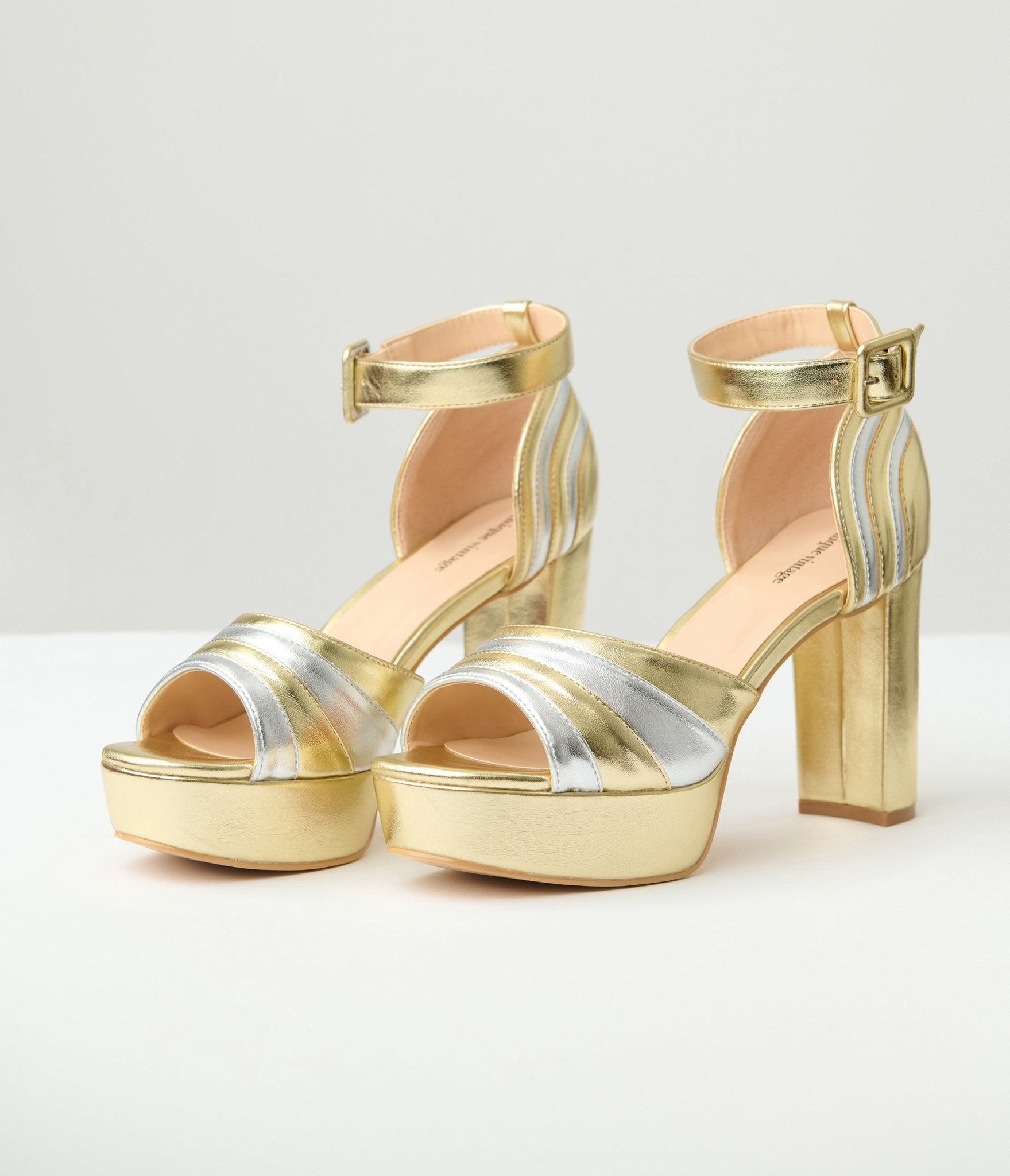 Unique Vintage Silver & Gold Leatherette Peep Toe Pumps
