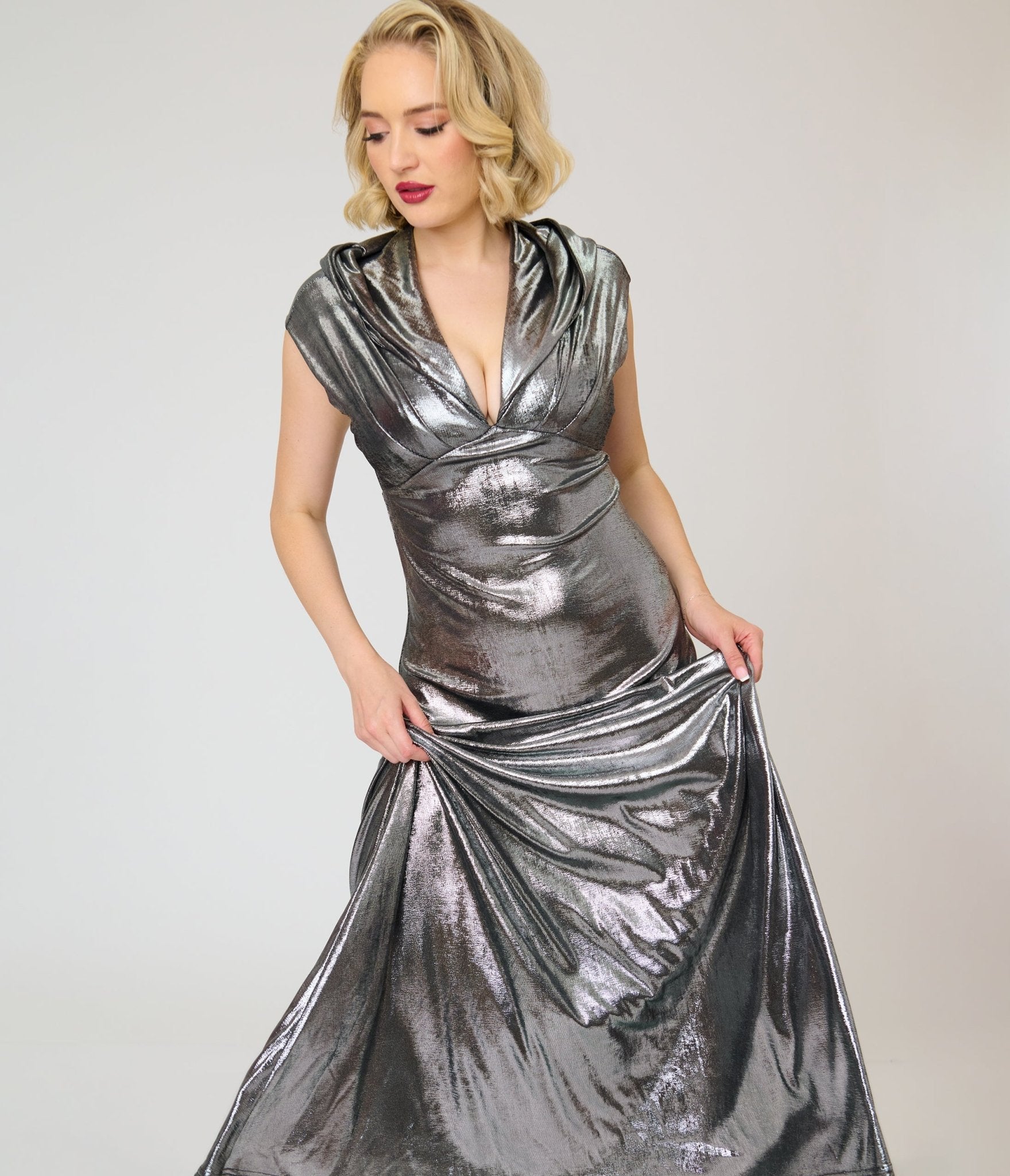 Unique Vintage Silver Metallic Hooded Vera Maxi Dress