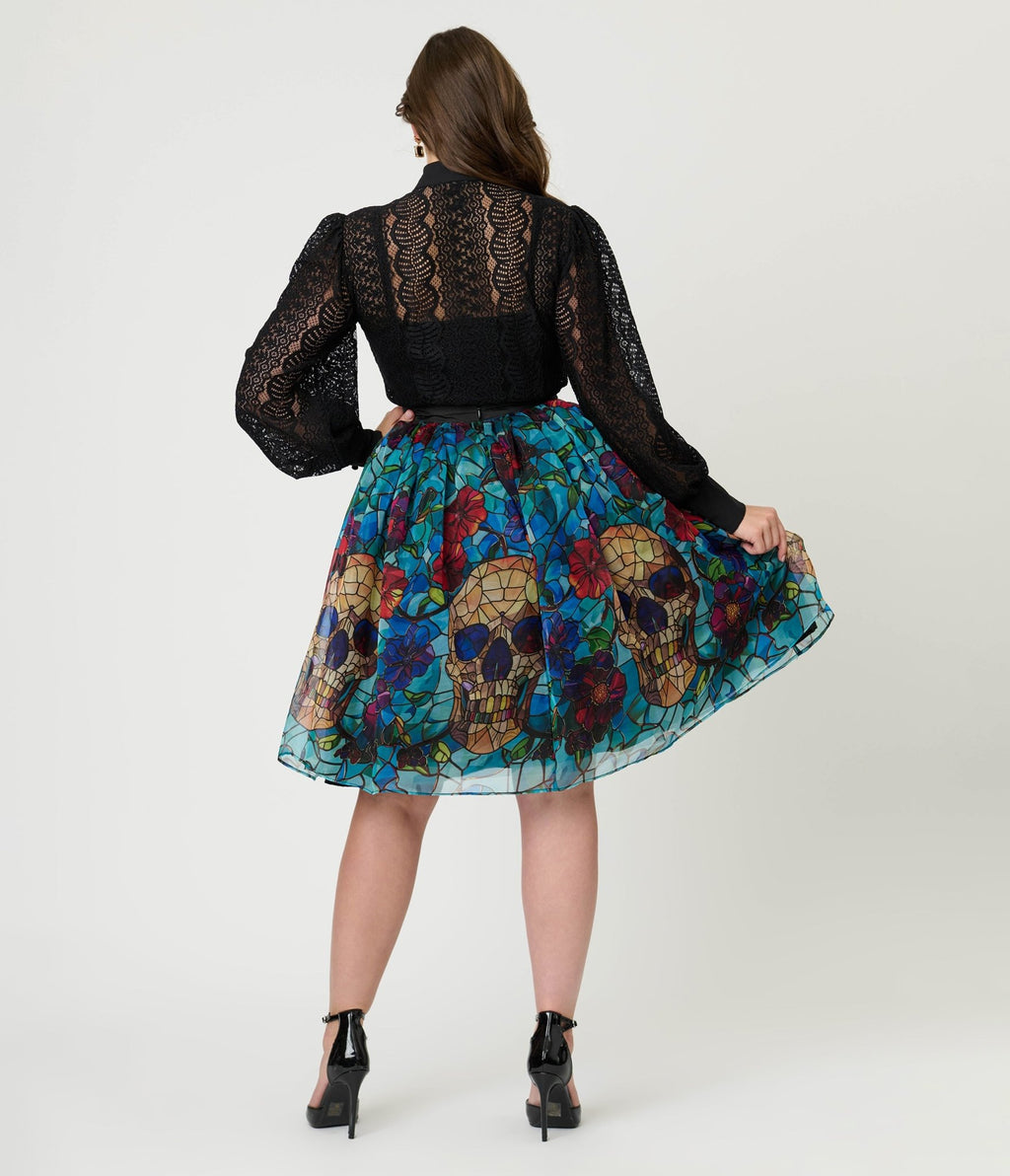 Unique Vintage Stained Glass Skull & Roses Flare Ballerina Skirt - Unique Vintage - Womens, BOTTOMS, SKIRTS