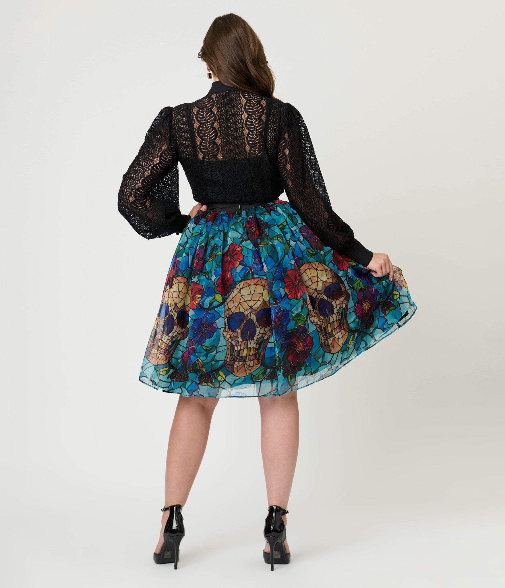Unique Vintage Stained Glass Skull & Roses Flare Ballerina Skirt - Unique Vintage - Womens, BOTTOMS, SKIRTS