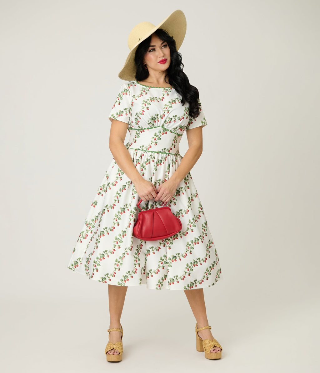 Unique Vintage Strawberry Vine Print Swing Dress