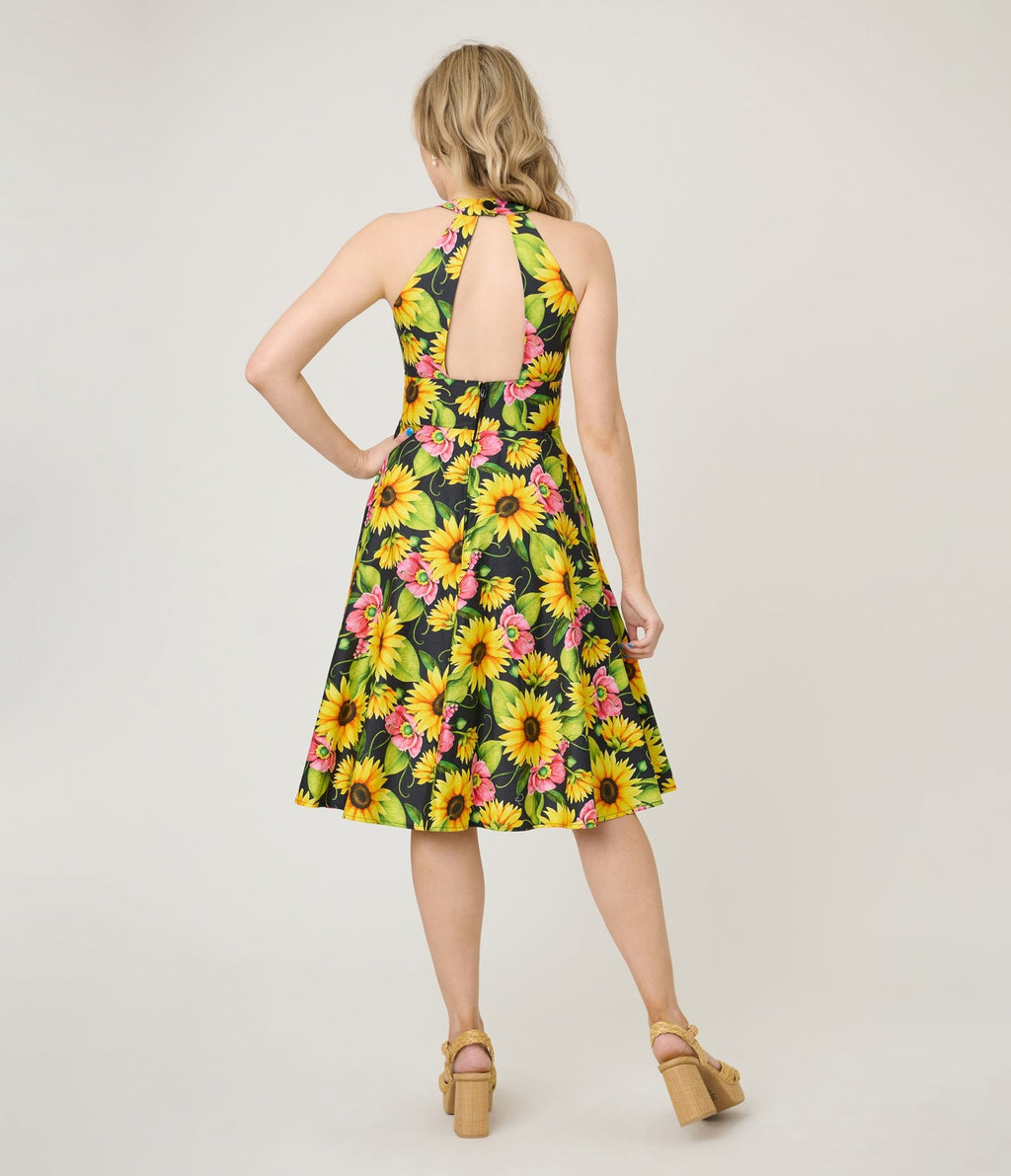 Unique Vintage Sunflower Cotton Halter Swing Dress Unique Vintage Sunflower Cotton Halter Swing Dress