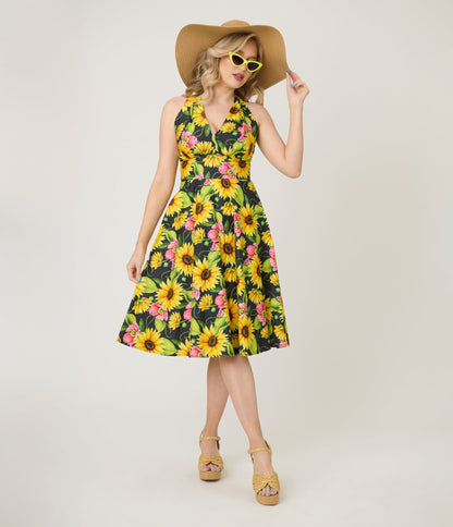 Unique Vintage Sunflower Cotton Halter Swing Dress - Unique Vintage - Womens, DRESSES, SWING