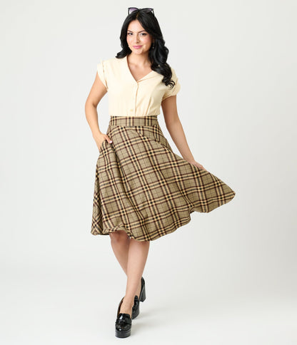 Unique Vintage Tan Plaid Vivian Swing Skirt - Unique Vintage - Womens, BOTTOMS, SKIRTS