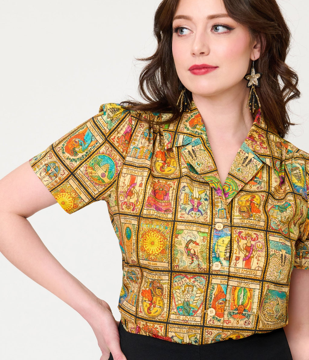 Unique Vintage Tarot Print Notched Collar Blouse - Unique Vintage - Womens, TOPS, WOVEN TOPS