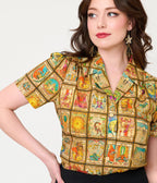 Unique Vintage Tarot Print Notched Collar Blouse - Unique Vintage - Womens, TOPS, WOVEN TOPS