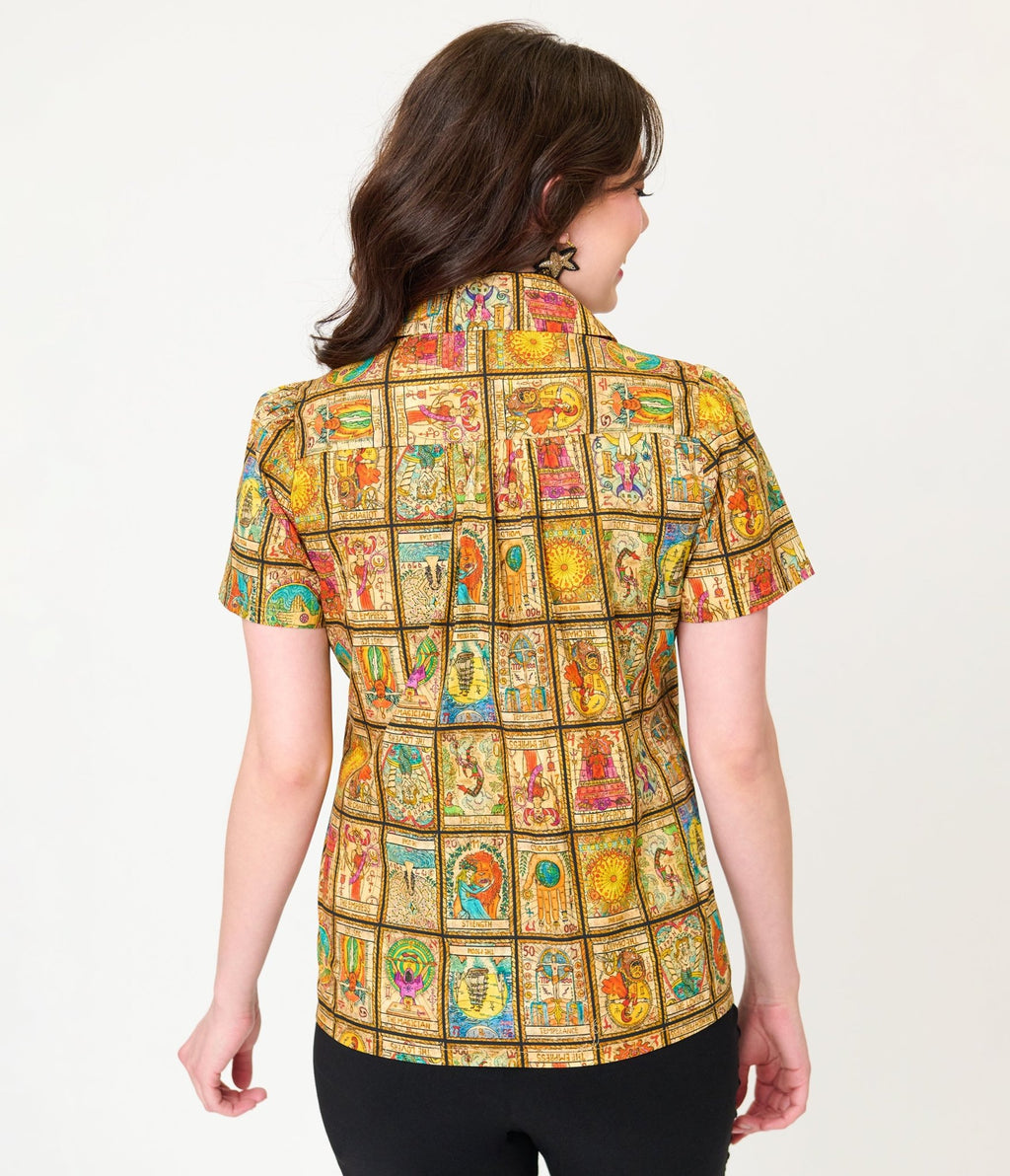 Unique Vintage Tarot Print Notched Collar Blouse - Unique Vintage - Womens, TOPS, WOVEN TOPS