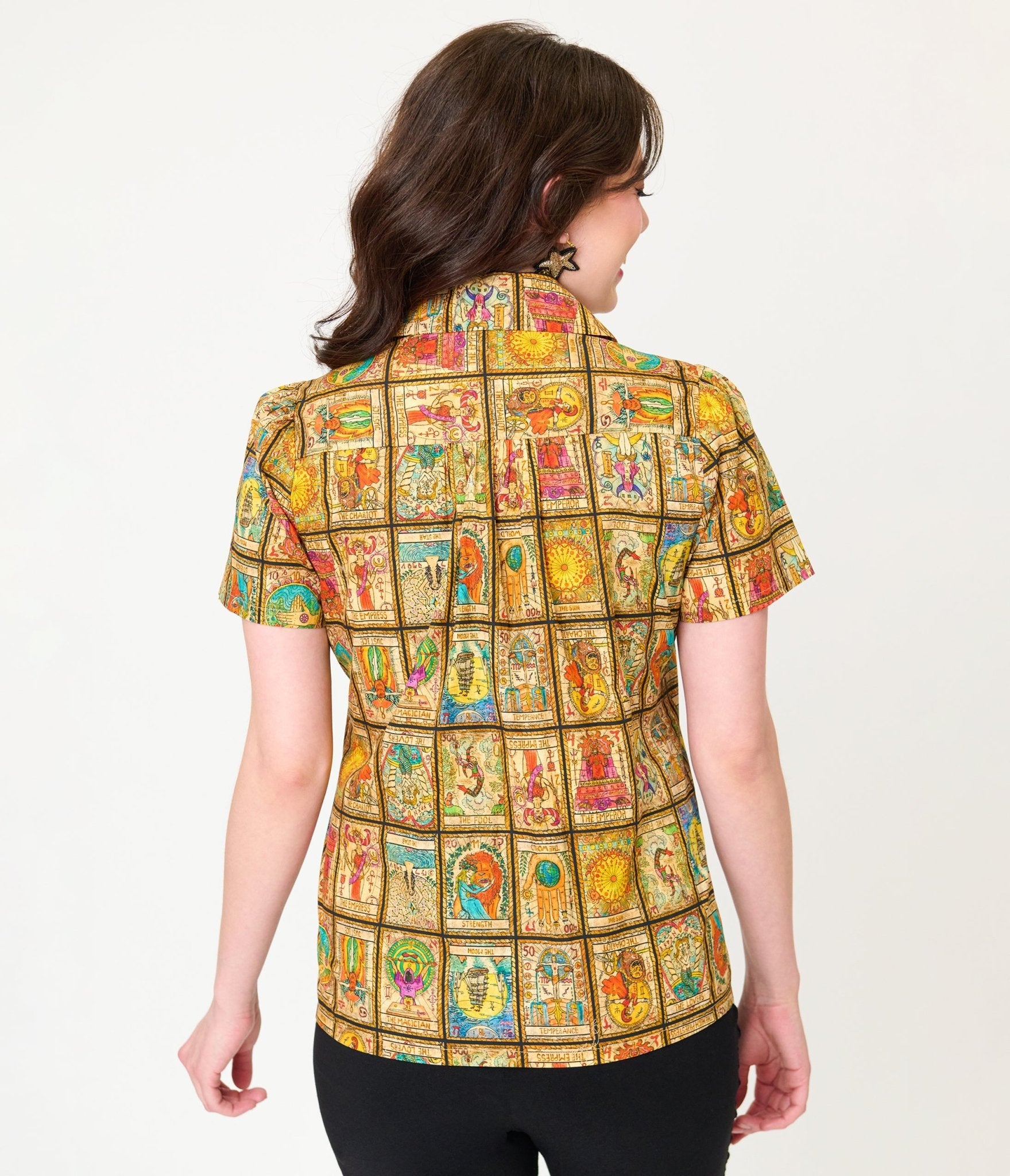 Unique Vintage Tarot Print Notched Collar Blouse - Unique Vintage - Womens, TOPS, WOVEN TOPS