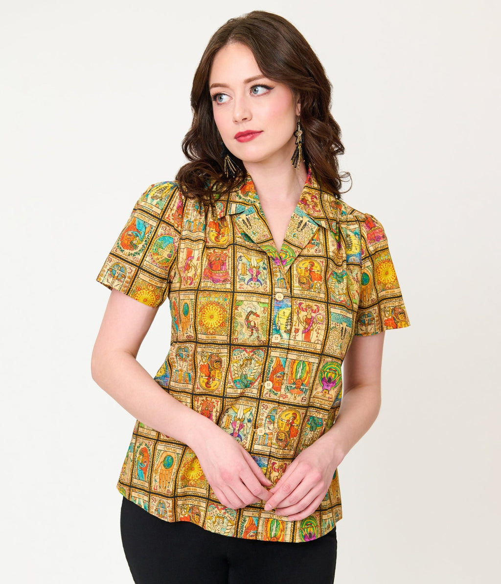 Unique Vintage Tarot Print Notched Collar Blouse - Unique Vintage - Womens, TOPS, WOVEN TOPS