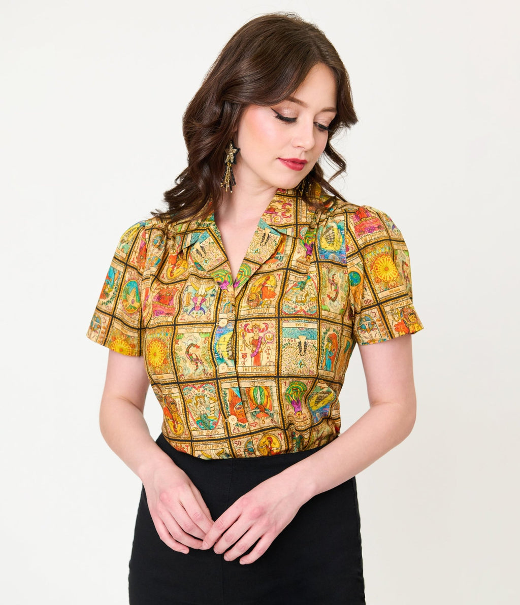 Unique Vintage Tarot Print Notched Collar Blouse - Unique Vintage - Womens, TOPS, WOVEN TOPS