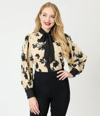 Unique Vintage Taupe & Black Floral Long Sleeve Gwen Blouse - Unique Vintage - Womens, TOPS, WOVEN TOPS