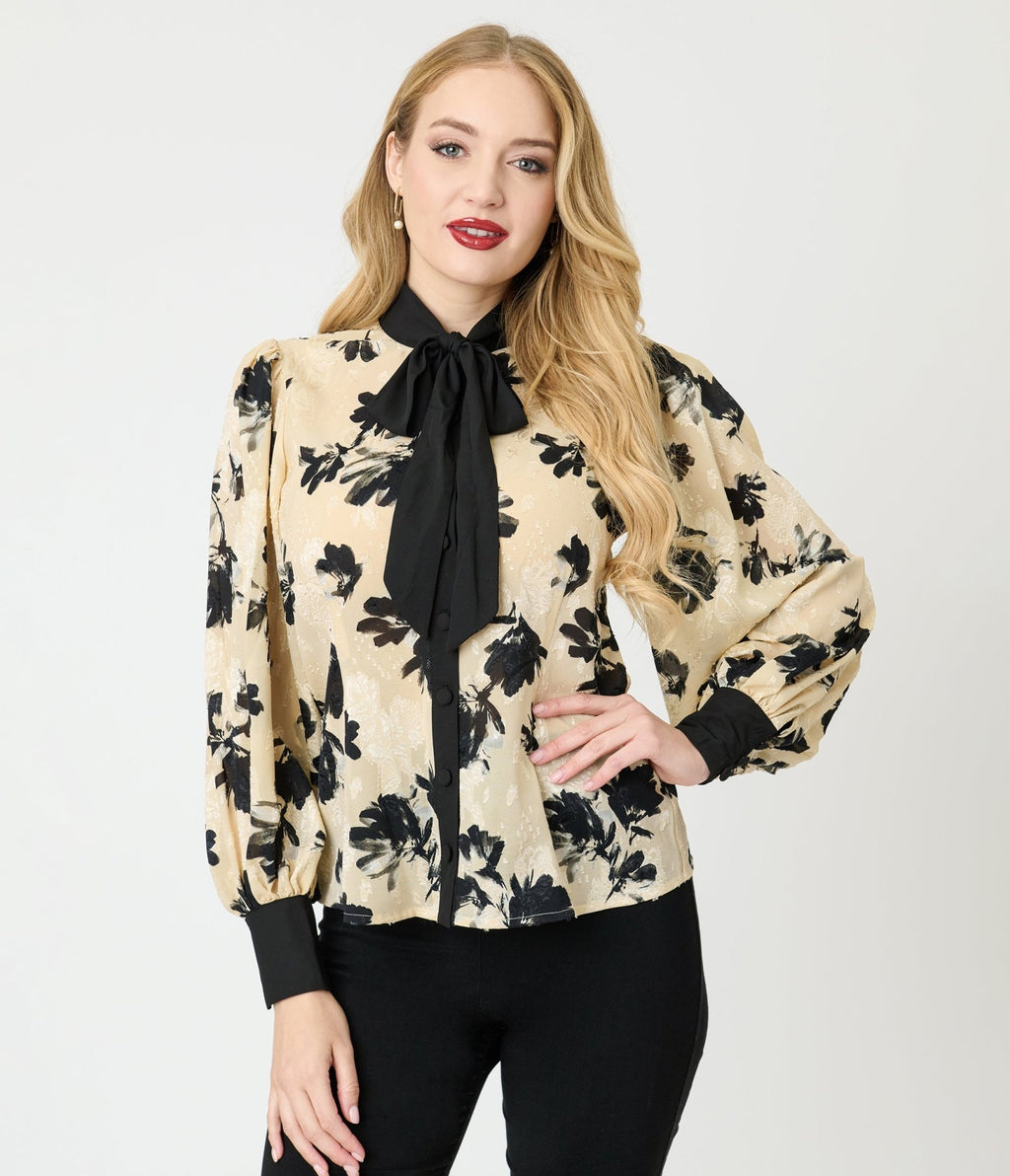 Unique Vintage Taupe & Black Floral Long Sleeve Gwen Blouse - Unique Vintage - Womens, TOPS, WOVEN TOPS