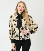 Unique Vintage Taupe & Black Floral Long Sleeve Gwen Blouse - Unique Vintage - Womens, TOPS, WOVEN TOPS