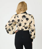 Unique Vintage Taupe & Black Floral Long Sleeve Gwen Blouse - Unique Vintage - Womens, TOPS, WOVEN TOPS