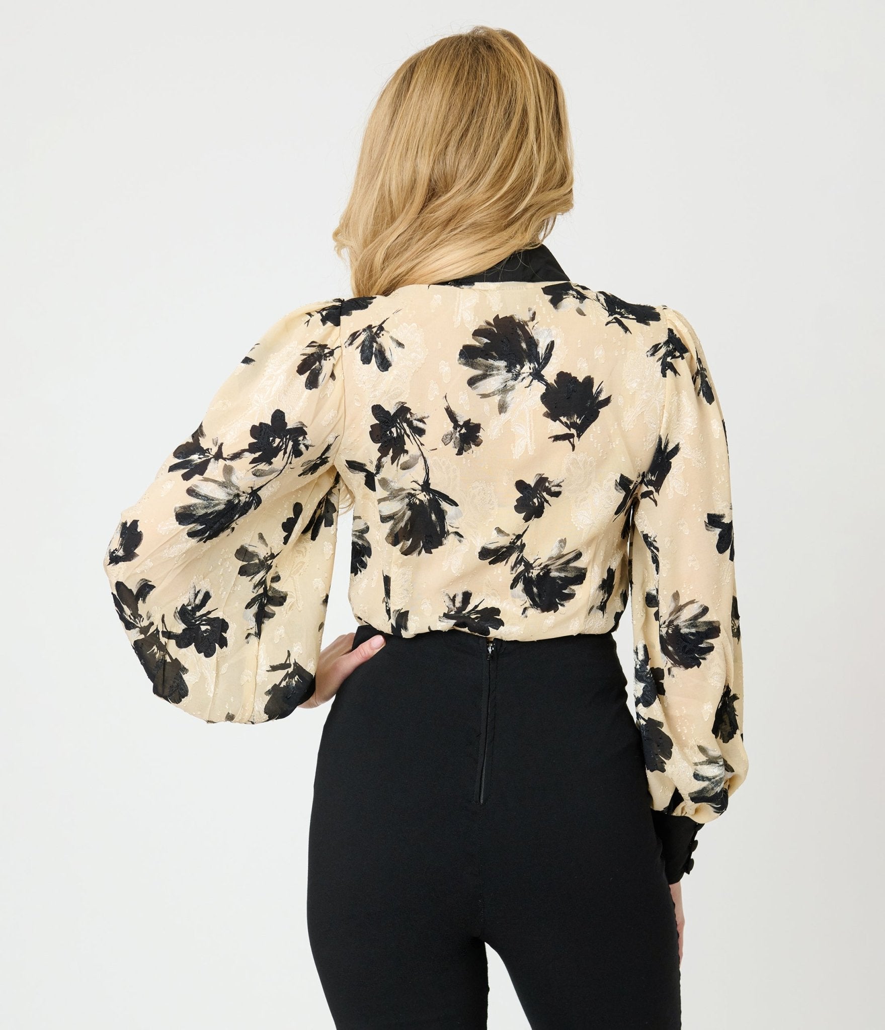 Unique Vintage Taupe & Black Floral Long Sleeve Gwen Blouse - Unique Vintage - Womens, TOPS, WOVEN TOPS