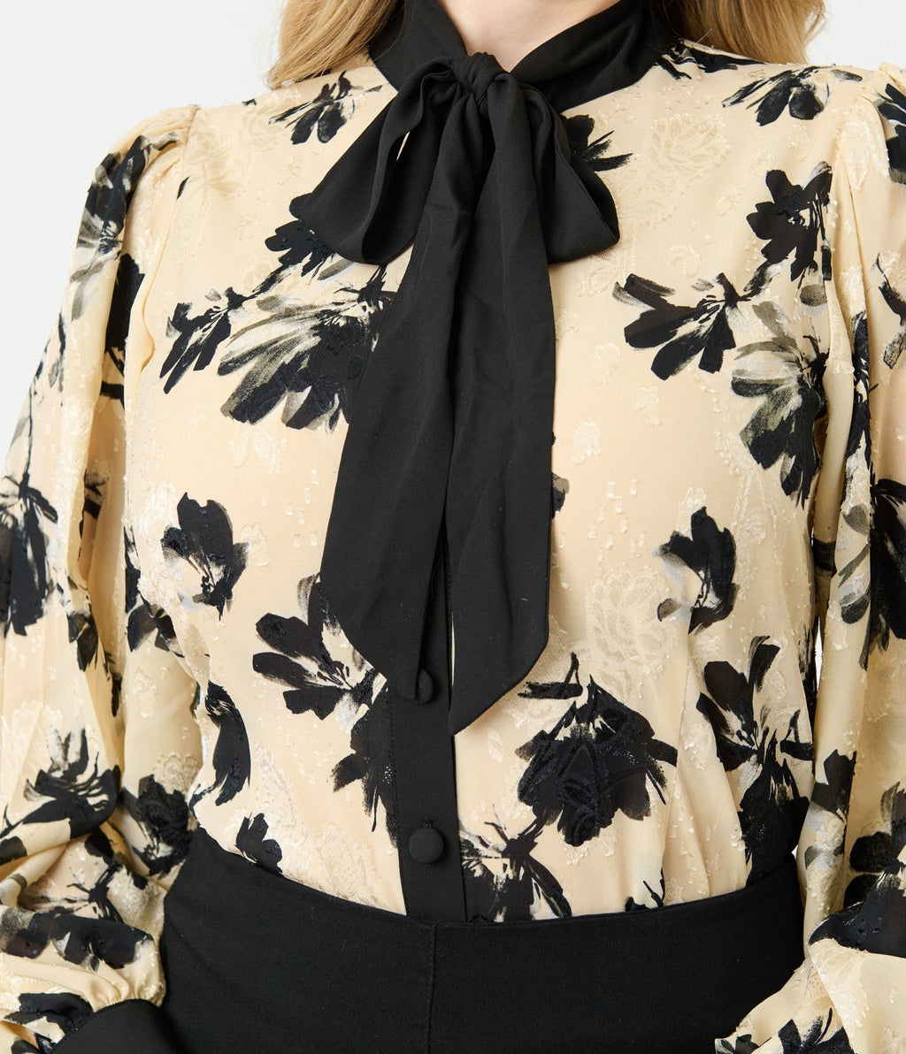 Unique Vintage Taupe & Black Floral Long Sleeve Gwen Blouse - Unique Vintage - Womens, TOPS, WOVEN TOPS
